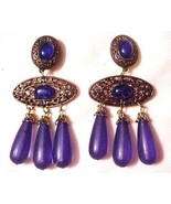 Lapis Bold Drop Statement Dangle Chandelier Clip On Earrings Vintage - $325.00