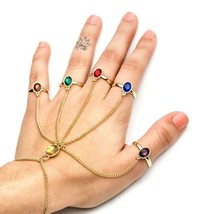 Marvel Avengers InfinityWar Gauntlet Hand Bracelet With 5 Rings Gold Tone Chain - £14.13 GBP