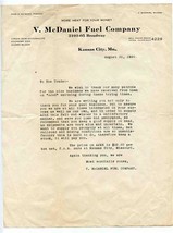 V. McDaniel Fuel Company Kansas City MO Letter 1920 AJAX Coal  - $17.82