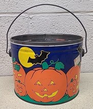 VTG HILLS TIN LITHO METAL HALLOWEEN BUCKET PAIL LIDDED HANDLE PUMPKIN BATS  - €24,81 EUR