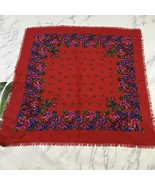 Womens Vintage Floral Scarf Large Square Red Blue Roses Fringe Trim Boho - $426.10 MXN