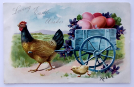 Easter Postcard Rooster With Painted Egg Cart Flowers Baby Chick Fantasy Tuck - £9.85 GBP