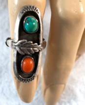 Handmade Navajo Turquoise &amp; Coral Ring in Sterling Silver Size 5 adjuste... - $64.99