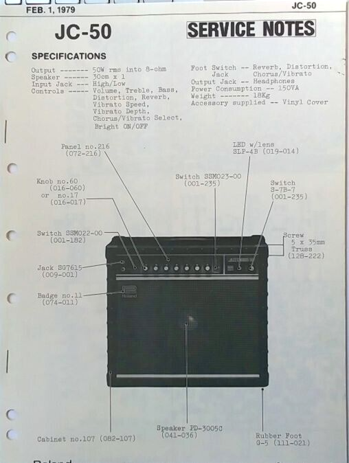 Roland JC-50 Jazz Chorus Guitar Amp Original Service Manual / Schematics... - $49.36