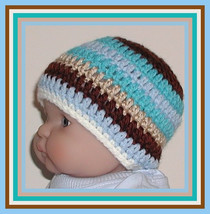 Brown Tan Hat Baby Boy Turquoise Cream Blue Newborn Boys Beanie Stripes - £7.82 GBP