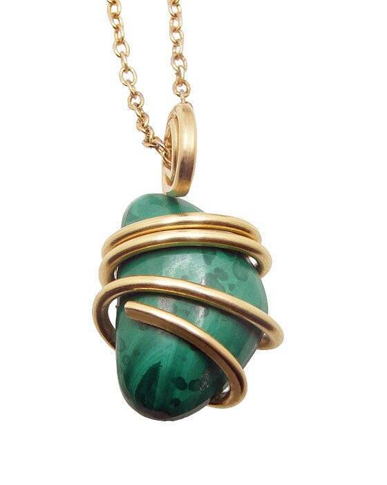 Forest Green Malachite Hand Forged Art Wrap Pendant in Merlin&#39;s Gold #5 - $44.00
