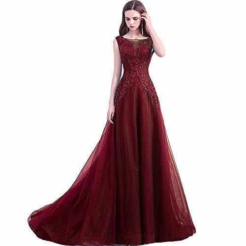 Kivary Women Sheer Bateau Beaded Lace Long Formal Prom Evening Dresses Burgundy