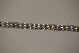 14K Tri-Color Gold Puffy Weave Fancy Diamond cut Link Bracelet 7&quot; Lg. *10 Grams - £385.69 GBP