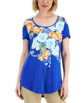 MSRP $35 Jm Collection Women Floral-Print Cold-Shoulder T-Shirt Blue Size Medium - £5.35 GBP