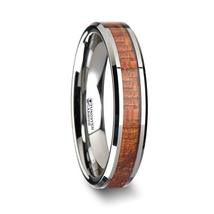 KHAYA Tungsten Band with Polished Bevels and Real Hardwood Mahogany Inlay - 4mm - £88.48 GBP