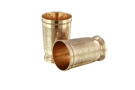 Brass Drinking Glass Mughlai Embossed Tumbler Ayurveda Benefits 300ML Set Of 2 - £27.29 GBP