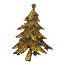 Vintage Rhinestone Christmas Tree Brooch Brushed Gold Tone Lapel Pin Jew... - $18.69