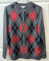 Croft &amp; Barrow Argyle Cardigan Sweater Womens Size Medium Red Gray Black Acrylic - £10.72 GBP