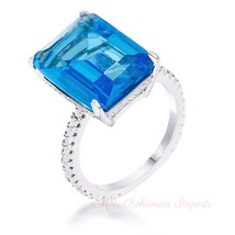 15Ct Rhodium Plated Aqua Blue Emerald Cut Pave Ring - £20.84 GBP