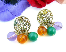 Purple Green Orange Beads SPIRALS Pierced EARRINGS 3 DROPS Vintage vtg G... - $14.99