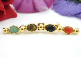 SCARAB Stone BAR PIN Vintage Brooch Goldtone Carnelian Adventurine Tigers Eye - £15.17 GBP