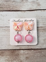 Clip On Earrings Peach &amp; Pink Butterfly Shape Gem Dangle - Brand New - £11.94 GBP