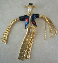 Scarecrow Pin Brooch Moving Arms Halloween Thanksgiving Autumn Enamel Faux Pearl - £16.07 GBP