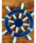 Rustic Dark Blue &amp; White Painted Wood Nautical Ship’s Wheel Wall Plaque ... - $14.89