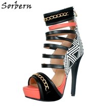 Black And White Chain Gladiator Style Sandals For Women High Heels Platform Open - £150.82 GBP