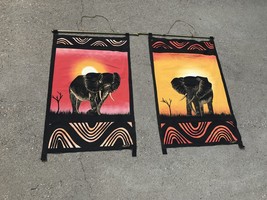Vintage Cloth Canvas Batik Wall Hanging Set Of Elephants Hand Painted - £100.22 GBP