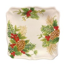 Maxcera YULETIDE BOUGH 3 Salad Plates Square Pine Cones &amp; Holly Berries 8.5 &quot; D - £22.87 GBP