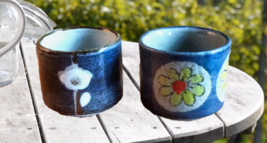 Pair of Vintage Tea Cups Japanese Inspired Stoneware Retro Kitchen Decor - £18.87 GBP