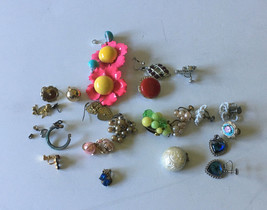 Vintage junk earring lot enamel pink flower earrings clip on screw back pierce - $19.75