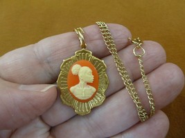 (CA30-41) RARE African American LADY orange + ivory CAMEO brass Pendant necklace - £19.85 GBP