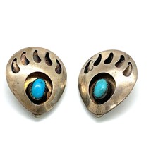 Vtg Sterling Silver Native American Turquoise Stone Bear Paw Clip on Earrings - £51.42 GBP