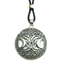 Triple Moon Pendant Pentacle Tree of Life Necklace Goddess Bead Corded Jewellery - £4.95 GBP