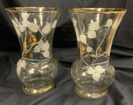 2 Vintage Hand Painted Glass Vases Goldplated Trim 8” - £19.78 GBP