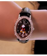 Vintage Rhinestone mickey watch - disney mouse - runs well - ladies blac... - £51.13 GBP