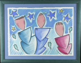Sans Titre (Silhouettes Et Stars) Signée Abstrait Pastel Encadré 14 1/2 X18 1/2 - £98.54 GBP