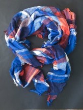 Plaid Blanket Scarf Blue Orange White Fringe Trim Soft Material Fall Winter - £4.01 GBP