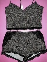 Victoria&#39;s Secret M PJ SET CAMI TANK+SHORTS ANIMAL PRINT lace black beige - $69.29