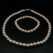 Cultured Rose Gold Shell Pearl 8x8 mm Beads Stretch Necklace &amp; Bracelet Set - £15.56 GBP