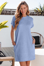 Myosotis Solid Color Textured Crinkle Short Sleeve T Shirt Dress - $233.02 MXN