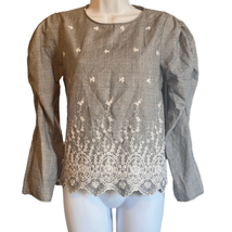 Zara Womens Medium Black White Plaid Embroidered Puff Sleeve Blouse Shir... - £13.40 GBP