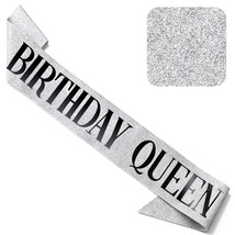 &#39;Birthday Queen&#39; Sash Glitter With Black Foil - Silver Glitter Happy Birthday Sa - £12.74 GBP