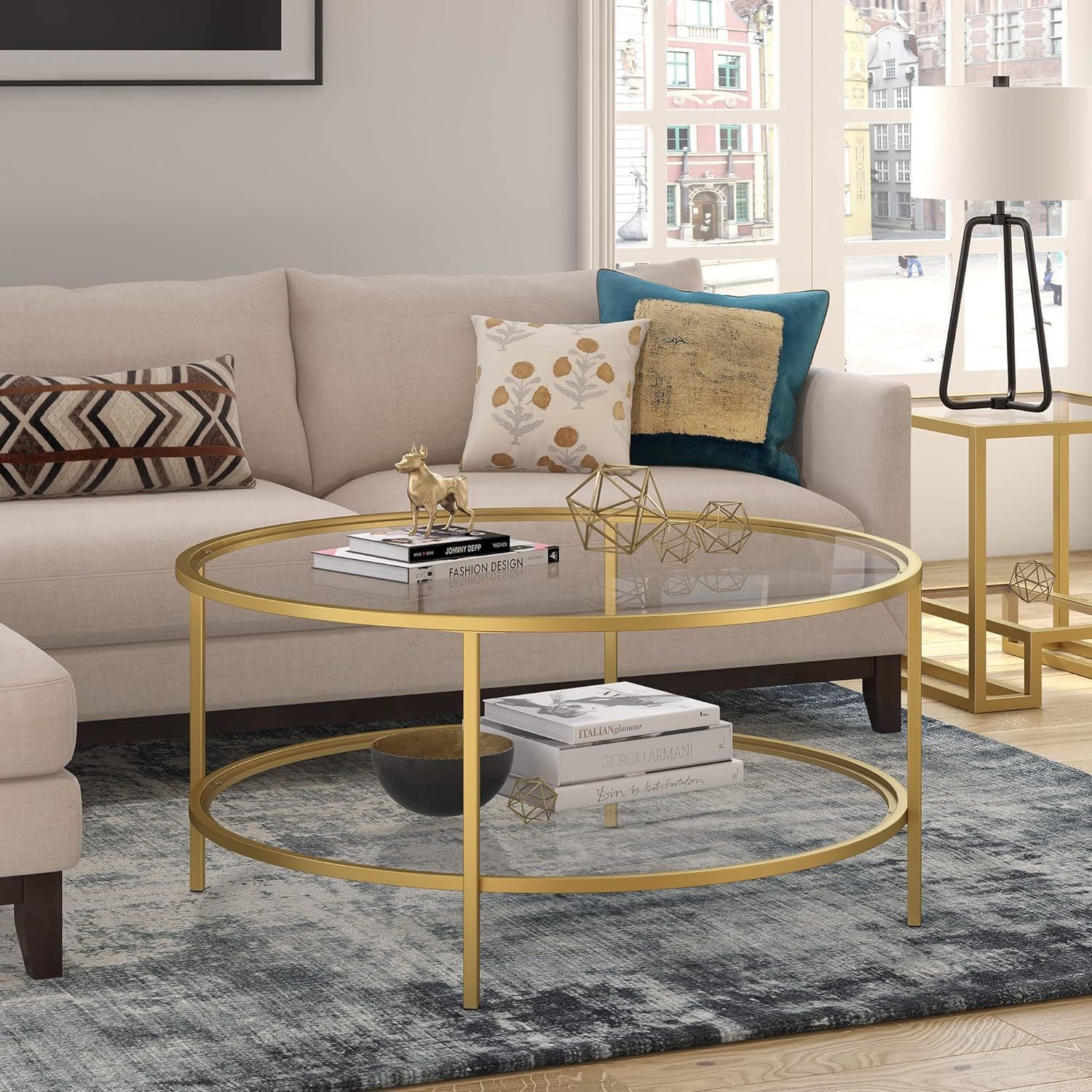 Primary image for Sivil Brass And Glass Top Round Coffee Table, 36" Wide.