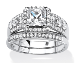 Princess Cut Halo Cz Bridal Engagement 2 Piece Ring 10K White Gold 6 7 8 9 10 - £879.28 GBP