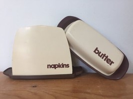 Vintage 1980s Tablemates Plastic Beige Napkin Holder + Covered Butter Di... - £19.95 GBP