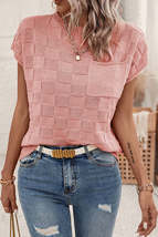 Dusty Pink Lattice Textured Knit Short Sleeve Baggy Sweater - £30.07 GBP