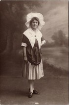 Young Woman Studio Photo Large White Bonnet Striped Skirt at Balham Postcard Z18 - £7.15 GBP