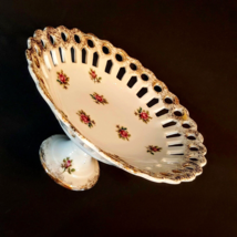 Pedestal Compote Bowl Porcelain Pink Rose Gold Gilt Cut Out Lace Dish VT... - $15.79