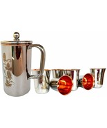 Copper Glass Jug With 6 Glass Set, Outside Steel Pitcher set Flower Design  - £60.87 GBP