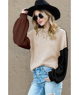 Brown Colorblock Bishop Sleeve Exposed Seam Ribbed Trim Sweater - $4,908.31 MXN