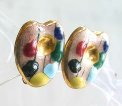 Elegant Hand Painted Ceramic Artist;s Pallet Screw-on Earrings 1950s vintage 1&quot; - £9.81 GBP