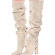 Slip on Pleated Boots Chunky Heel Beige Loose Thigh High Boots Suede Leather Poi - £145.29 GBP